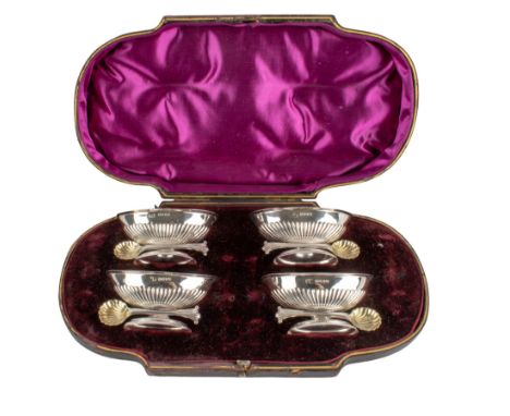 British Victorian A set of four salts and four spoons [Salts] 1889, London, Marked 'JB' [Spoons] 1888, Sheffield, Henry Wilki