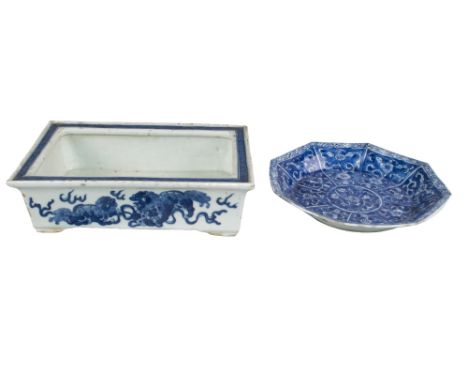 Chinese 18th Century Two pieces of blue and white porcelain [a] Kangxi period (Circa 1700), An octagonal dish painted with fl