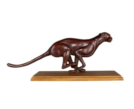 20th Century Running Jaguar Bronze on a wood base  Dimensions: 11 in. (H) x 28 in. (L) x 6 in. (W) (including base) 