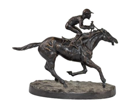 French Early 20th Century Horse and Jockey Bronze Inscribed 'Mene' to base  Dimensions: 9 in. (H) x 11 in. (L) x 4.75 in. (W)