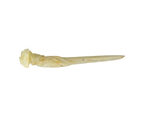 Chinese Qing Dynasty  A jade hairpin Carved in high relief with a bird on a branch  To be sold without reserve&nbsp;  Dimensi