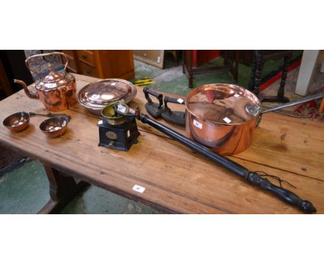 Metalware - a 19th century large copper pan and cover; a copper kettle; other kitchenalia including warming pan, coffee mill,