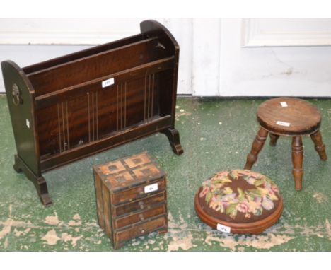 A footstool; a milking stool; a miniature chest of drawers; a magazine rack (4)