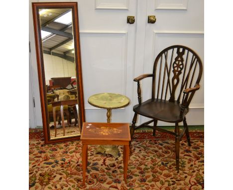 A wheelback carver chair; an onyx and gilt metal occasional table; an inlaid musical sewing table; a mahogany framed wall mir