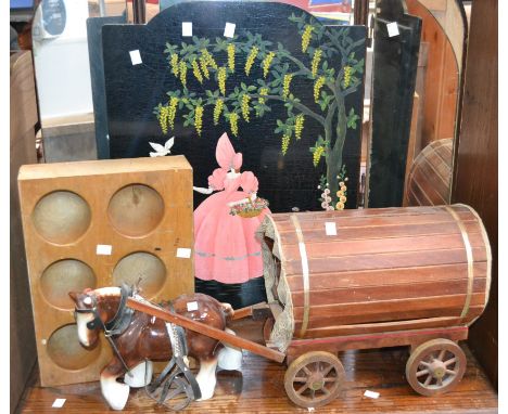 A painted fire screen, Crinoline Lady; a coin block; a ceramic cart horse and cart (3)