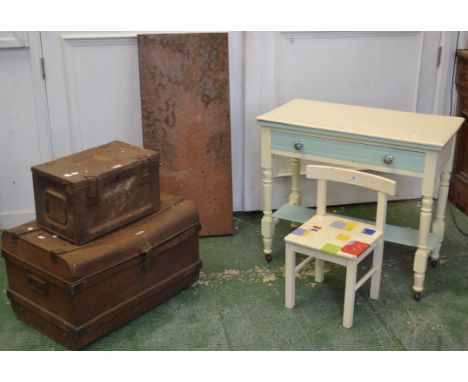 A Victorian painted pine washstand; a painted child's chair; a painted wall shelf; a copper covered coffee table top; an ammu