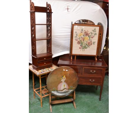 An Edwardian mahogany dressing chest triptych mirrors, two short drawers over one long; a bamboo occasional table; a mahogany