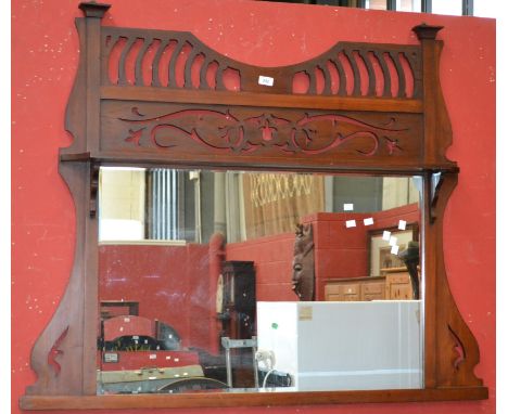 A late Victorian/Edwardian over mantel mirror, pierced pediment over shelf and bevel edge rectangular plate 