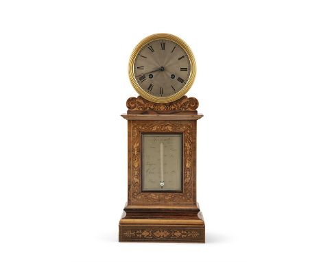 A FRENCH MARQUETRY INLAID COMBINATION CLOCK-BAROMETER, marked 'Selon Reamuer, Paris' surmounted with a silvered circular dial