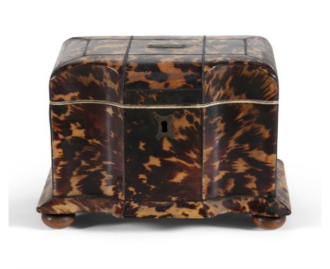AN EARLY 19TH CENTURY TORTOISESHELL TEA CADDY, of rectangular form, with hinged cover and fitted interior, on turned bun feet