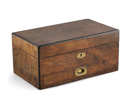 A VICTORIAN BURR WALNUT GAMES BOX, containing a set of natural and ebonised chess pieces, draughts pieces whist counters, two