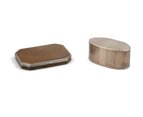 AN OVAL MACHINED SILVER-GILT SNUFF BOX, stamped 'argent' and with town marks, 7cm wide; and a Continental silver mounted flat