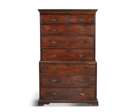 A GEORGE III MAHOGANY TALLBOY CHEST,&nbsp;&nbsp;of rectangular form,&nbsp; in two sections,&nbsp; with dentil cornice above t