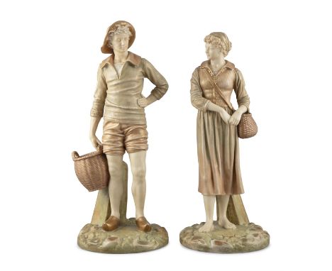 A PAIR OF ROYAL WORCESTER FIGURES OF A FISHERMAN AND HIS FEMALE COMPANION, by James Hadley, 45cms high; bases 18cms diameter.