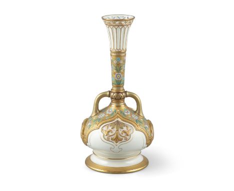 A ROYAL WORCESTER AESTHETIC PERIOD VASE, c.1900, of eastern inspiration, the elongated flared neck with reticulated rim, the 