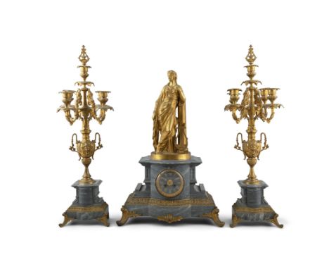 A FRENCH GILT METAL AND GREY MARBLE THREE-PIECE CLOCK SET, Late 19th Century, comprising a mantle clock and a pair of five-li