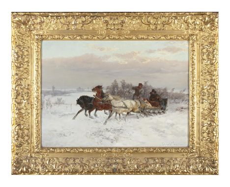 FRITZ VAN DER VENNE (GERMAN, 1873-1936)The Huntsmen with Hounds in a Horse-Drawn Sleigh in a Snowy LandscapeOil on canvas, 60