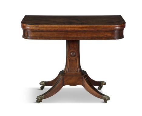 A GEORGE IV INLAID MAHOGANY FOLD OVER CARD TABLE, of rectangular form, with rounded corners, enclosing a baise lined interior