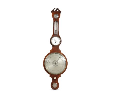 AN EXCEPTIONALLY LARGE MAHOGANY FRAMED BANJO BAROMETER, with thermometer and clock. 117cmCondition Report:  See images