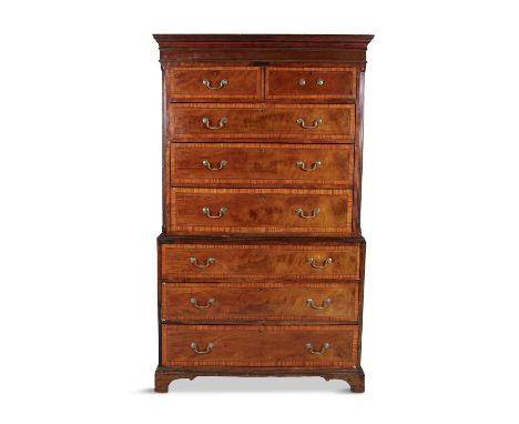 A GEORGE III MAHOGANY AND SATINWOOD BANDED CHEST ON CHEST, of upright rectangular form, the upper section with cavetto cornic