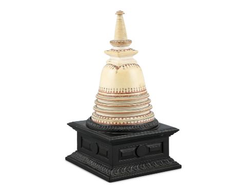 A RARE CEYLONESE IVORY RELIQUARY STUPA, Kandyan Period, 18th century, of traditional conical shape, with ribbed finial, inked