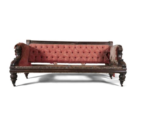 AN IRISH WILLIAM IV CARVED MAHOGANY FRAMED THREE SEATER SETTEE, by Williams &amp; Gibton, of rectangular shape, partially uph