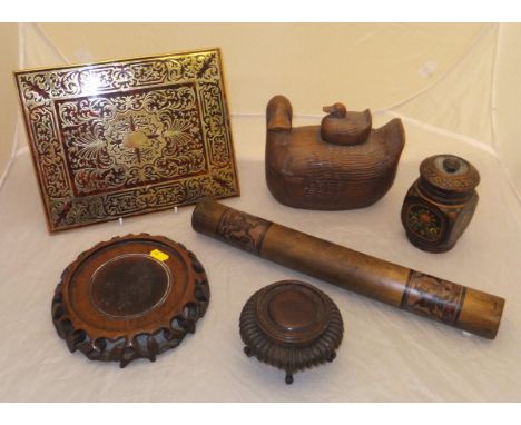 A Victorian boulework decorated panel, a camphor wood box, a Gothic style burr wood box, an Indian painted jar and cover, Chi