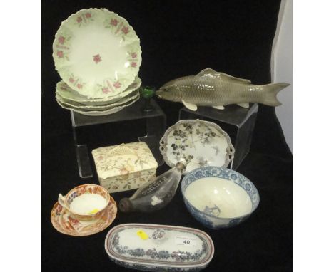 A collection of decorative china wares to include an Oriental porcelain model of a fish, a Davenport pottery toothbrush dish,