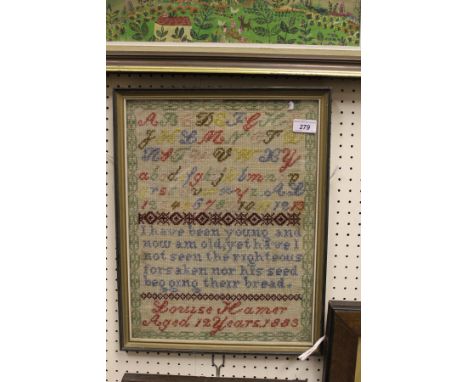 A 19th Century needlework sampler by Louise Hamer, aged 12 years, dated 1883, depicting upper case and lower alphabet, number
