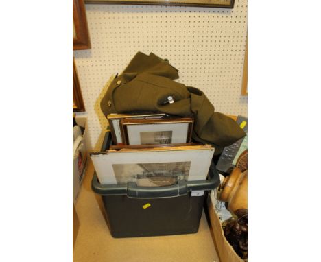 A box of various prints, two treen ware table lamps, various mirrors, No. 2 army dress uniform, various paintings, and a box 