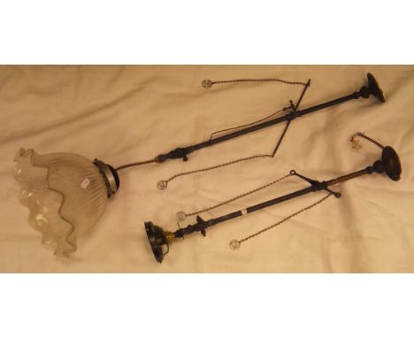 Two Edwardian gas lamp fitments, one with a fluted glass shade (converted to electricity)