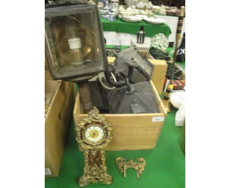 A Victorian coaching lamp (converted to electricity) and three various Art Nouveau style metal and glass panelled hanging lan