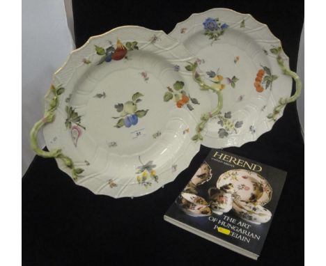 A pair of Herend porcelain large circular shallow twin-handled bowls with shaped rims, the handles naturalistically modelled 
