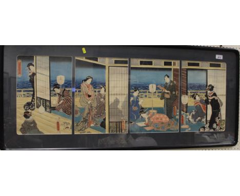 AFTER OTAGAWA TOYOKUNI III (KUNISADA I) "Veranda scene with figures in four parts", together with AFTER SHOTEI "Figure in str