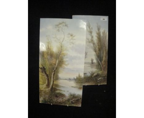 Two English ceramic tiles painted with a river landscape and woodland, unsigned