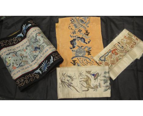 Four various Chinese and Japanese silk panels CONDITION REPORTS All four panels have discolouration and stains, and three pan