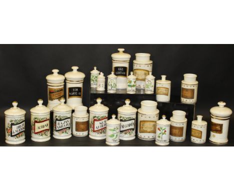 A large collection of ceramic and glass chemist's jars bearing labels / inscriptions to include "Sem. Plantg. Ps.", "Tintura 