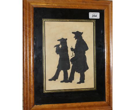 19TH CENTURY ENGLISH SCHOOL "Drummer and fife player wearing tricorn hats", silhouette portrait study heightened in pencil, u