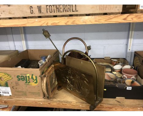 A shelf of assorted, to include a brass magazine rack etc.