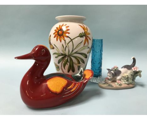 A Poole duck, a Whitefriars glass spill vase and Lladro etc.