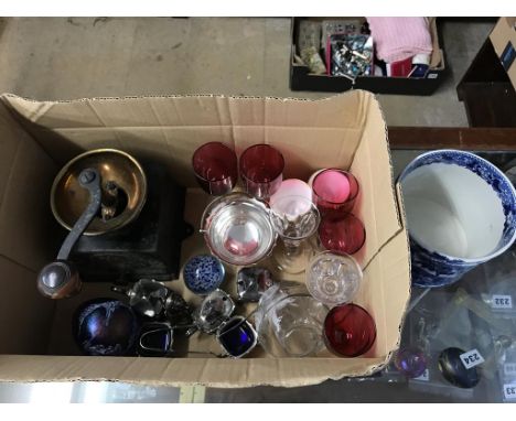 A box of assorted, to include Mary Gregory glass, a coffee grinder etc.