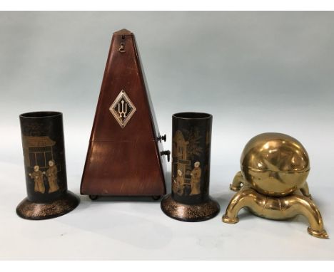 A brass inkstand, a metronome and a pair of lacquered spill vases