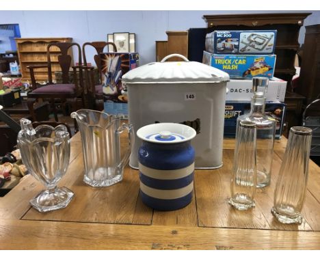 An enamel bread bin, T. and G. Green jar etc.