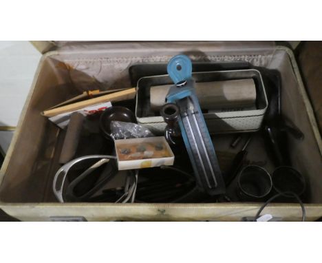 A Vintage Case Containing Thermometer, Stirrups etc 