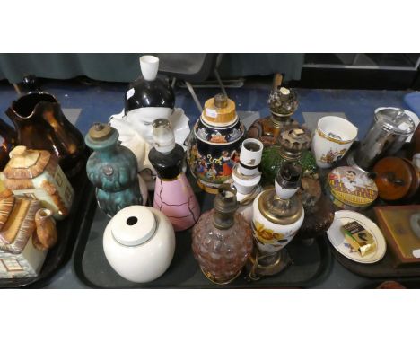 A Tray Containing Various Oil Lamps, Ceramic Table Lamps etc 