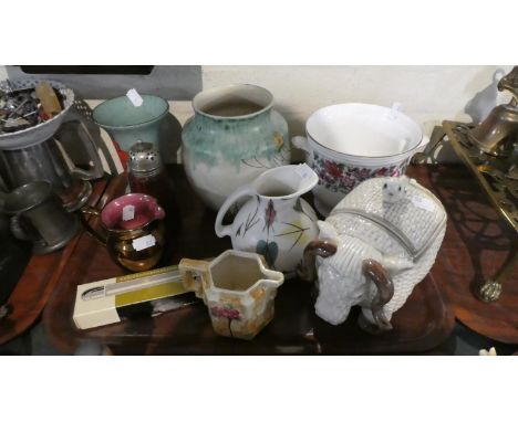 A Collection of Ceramic Vases, Novelty Sheep Biscuit Barrel, Jugs, Cranberry Sugar Sifter etc 