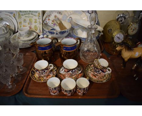 A Tray Containing Royal Crown Derby Imari Coffee Cans and Saucers (Some AF), Two Copper Lustre Jugs and a Decanter 