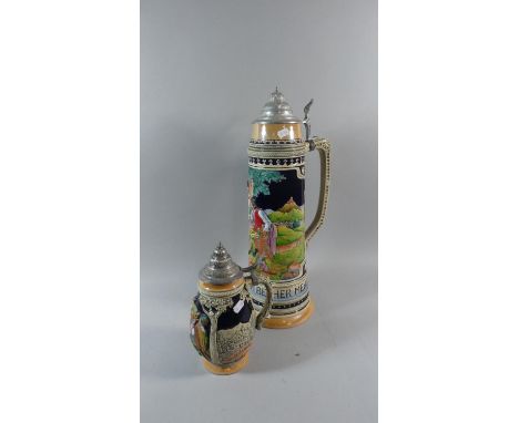 One Large and One Small Ceramic Lager Steins with Relief Decoration in Coloured Enamels, Largest 54cm High 