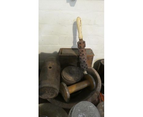 A Tray Containing Treen Cream Stein, Barrel, Box and Rolling Pin Massager etc