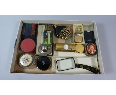 A Tray Containing Various Boxes, Scent Bottle, Enamelled Paper Clip, Powder Compact and Magnifying Glass etc 